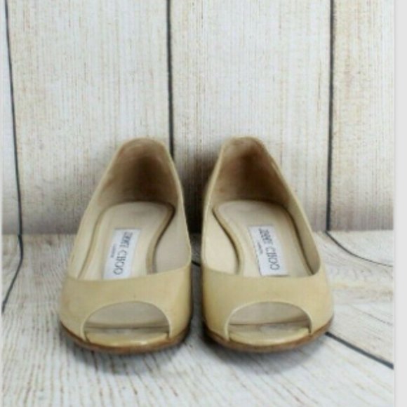 Jimmy Choo Beige Patent Leather Peep Toe Low Wedge Slip On Shoes Size 5 - Picture 4 of 8